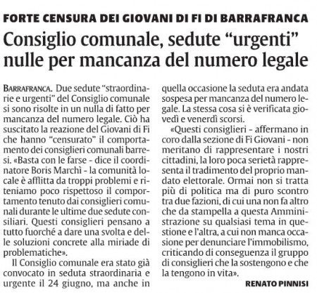 La Sicilia, Enna. 13/07/2015. Barrafranca. Consiglio Comunale, sedute urgenti nulle per mancanza del numero legale.